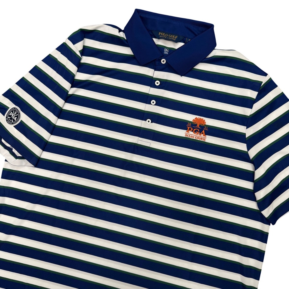 Polo Golf Ralph Lauren Shirt Mens XL Blue Striped 2021 PGA Ocean Course Wicking